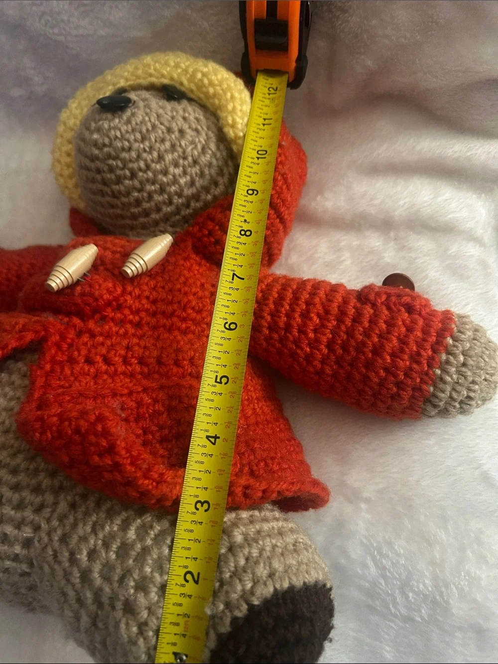 Handmade Crochet Bear in Red Coat with Yellow Hood - Plush Kids Toy